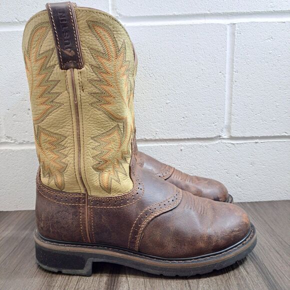 Justin Stampede Men's Western Work Boots Size 8.5D Brown And Tan Leather Cowboy - Picture 3 of 10